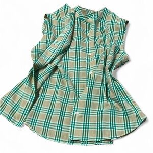 RARE VINTAGE Union Made Green & Tan Plaid Sleeveless Halter Button-Up Shirt.